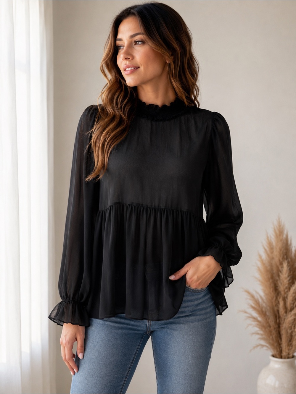 Love Culture Black Sheer Mesh Ruffle Peplum Long Sleeve Blouse XL